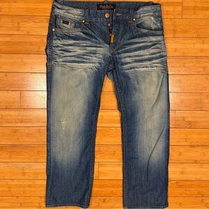 NWOT Mens 38x30 distressed denim jeans stitched w accents